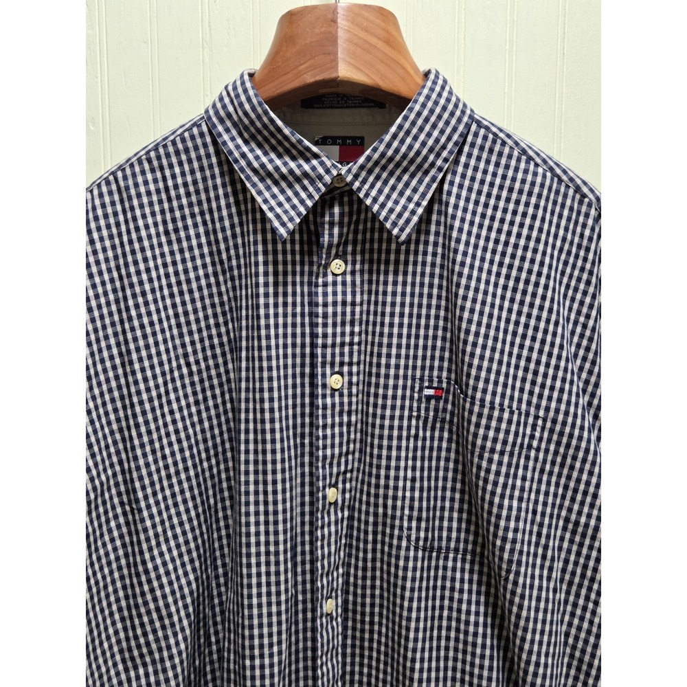 Tommy Hilfiger Shirt Mens XL Blue Check Short Sleeve Button Front Pocket Logo